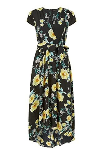 Image of Mela London Mela Black Floral Print Dipped Hem Midi Wrap Dress 22 Black