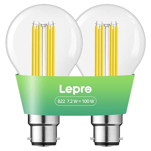 Image of Lepro B22 Bayonet Light Bulb, A-Rated Ultra-efficient LED Bulb, 7.2W = 100W, 1521lm, 2700K Warm White, 50000H Lifespan, Clear Filament, Vintage Glass, Non-dimmable, Pack of 2