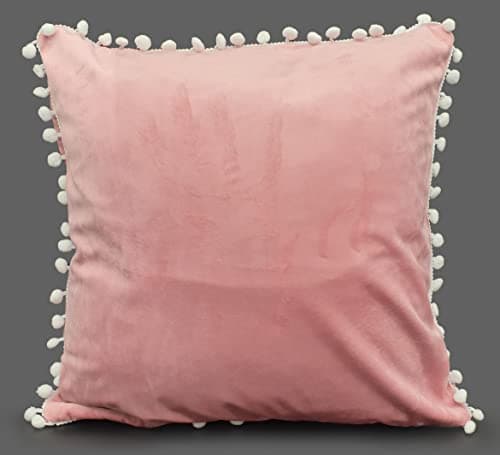 Image of Pom Pom Cushion Cover or Cushion Filled Plush Velvet White Pom Pom 17"x17" (17"x17" Cover Only, Soft Pink)
