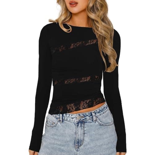 Image of EMOTTOS Women's Sexy Lace Tops, Y2K Patchwork Long Sleeve Mesh T-Shirt, Ladies Slim Fit Round Neck Crop Tops, Sexy Irregular Top with Floral Lace for Club Streetwear, Black, M