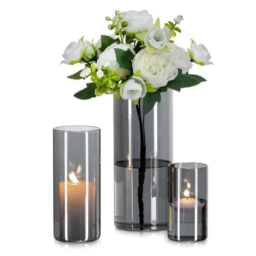 Image of Glasseam Glass Cylinder Vase Grey: 3Pcs Modern Flower Vases for Living Room Dining Table Centrepiece - Decorative Hurricane Candle Holders Pampas Grass Tulip Vase for Flowers (10/15/20cm)