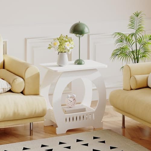 Image of Dripex 2-Tier Side End Table with Storage Shelf Basket, White Small Bedside Table, Slim Arch Narrow Nightstand Small Spaces for Living Room, Bedroom, Bathroom, Balcony