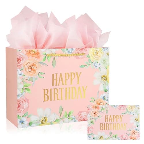 Image of Pink Birthday Gift Bag-Medium Gift Bags for Present with 3 Tissue Paper and 1 Greeting Card for Girls Women's Birthday Supplie Floral Design with Handles-30x12x22cm (1)