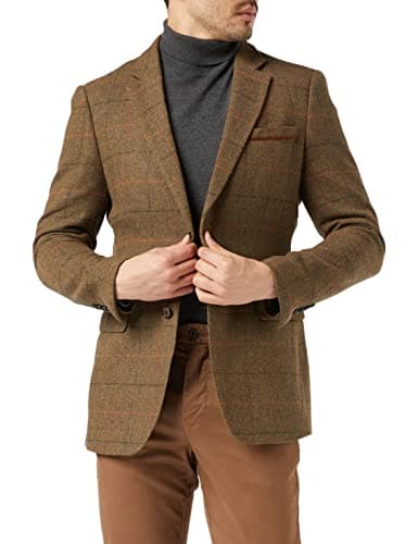 Image of Xposed Mens Grey Brown Vintage Herringbone Blazer Retro MOD Slim Fit Tweed Check Jacket[BLZ-JARVIS-7250-5, UK 38 EU 48,Tan Brown]