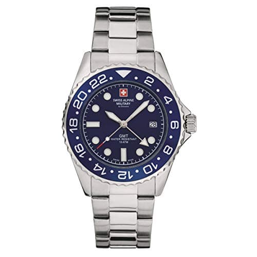 Image of Swiss Alpine Military Men's Watch GMT Analogue Quartz 7052 Stainless Steel, Steel/Blue/Blue - 1135sam, Bracelet