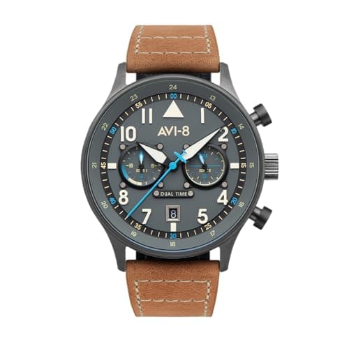 Image of AVI-8 Hawker Hurricane Mens Watch - 43.5mm Stainless Steel Case, Japanese Quartz Movement, Genuine Leather Strap, Watches for Men, Carey Dual Time, Orissa - AV-4088-04