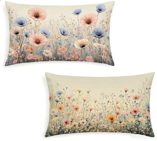 Image of Multicolor Outdoor Cushion Covers 30x50 cm Flower Pillow Cases 2 Pack Waterproof Decorative Pillows Linen Rectangle Pillow Covers 12x20 inch with Invisible Zip for Sofa Living Room Balcony -1234