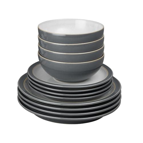 Image of Denby - Elements Fossil Grey Dinner Set For 4 - 12 Piece Ceramic Tableware Set - Dishwasher Microwave Safe Crockery Set - 4 x Dinner Plates, 4 x Medium Plates, 4 x Cereal Bowls