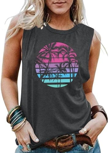 Image of VVNTY Hawaiian Tank Tops for Women Palm Trees Beach Vest Sunset Graphic Tops Summer Vacation Sleeveless Outfits (grey1,M)