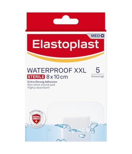 Image of Elastoplast Waterproof XXL Med+ Dressings (5 Pieces), Pack of First Aid Plasters, Large Plasters for Post-Operative Wounds, Waterproof Sterile Dressings for Wounds, 0% Latex, Clear