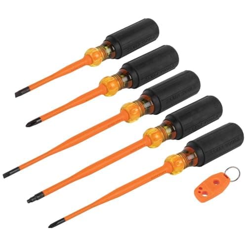 Image of Klein Tools 33736INS Insulated Screwdriver Set, 1000V Slim-Tip Driver with Phillips, Cabinet and Square Bits and a Magnetizer, 6-Piece