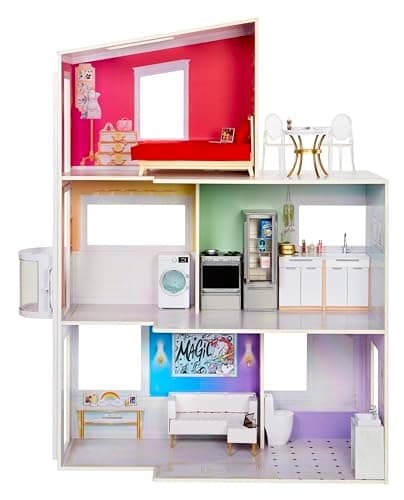 Image of Rainbow High Townhouse- 3-Storey Wood Dollhouse Playset with 5 Colourful Rooms & Rooftop patio - Fully Furnished Fashion Home with working Lift and Play Accessories - Great Toy for Kids 4 to 12+ Years