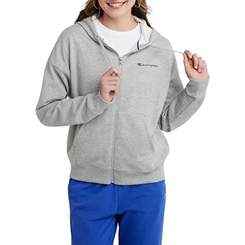 Image of Champion Women's Full-Zip Hoodie, Powerblend, Fleece, Hooded Sweatshirt (Plus, Oxford Gray Small Script, S