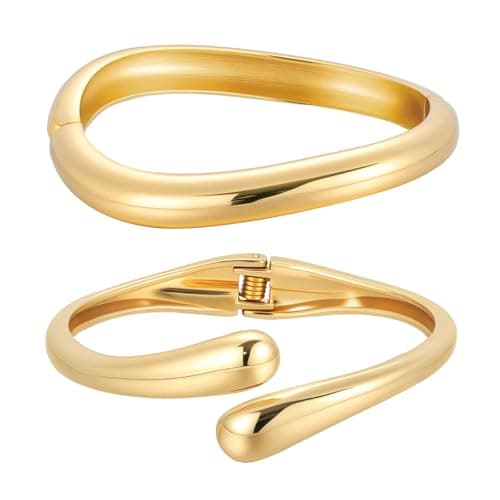 Image of Emibele Chunky Gold Bracelets for Women, 2PCS Irregular Hinged Open Bangle Bracelets, Fashion Wide Arm Cuff for Women, Minimalist Jewelry Gifts for Christmas Birthday Valentine