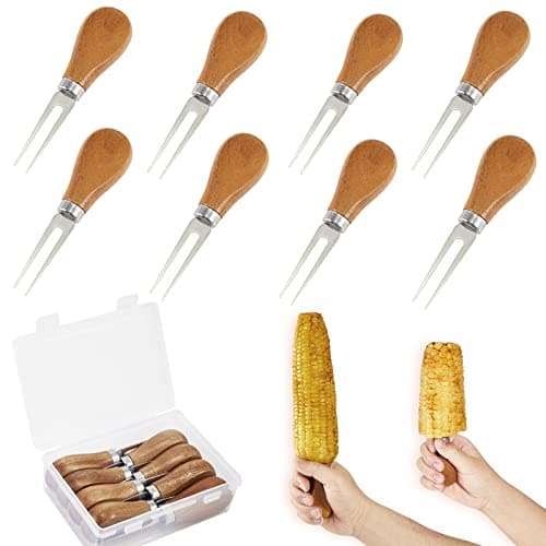 Image of 8Pcs /4 Pairs Corn Cob Holders, Big Wooden Handle Stainless Steel Forks Good Grips Corn Pick Set, Skewers Holders Hot Dog Fruit Forks, For BBQ Home Cooking Parties Grill Camping Barbecue