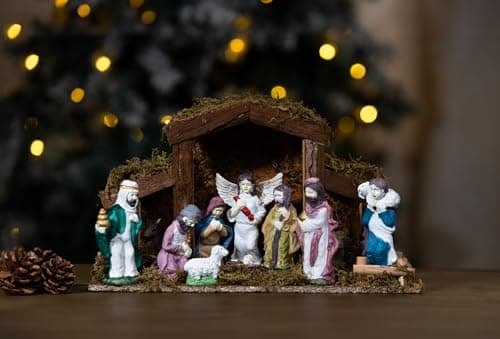 Image of Marco Paul Traditional Nativity Scene Christmas Ornaments - 38cm Hand-Painted Wooden Nativity Set with Resin Figurines - Christmas Village Sets for Home Decor, Window Decorations & Table Centrepiece