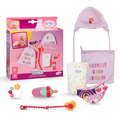 Image of BABY born Newborn Set - Includes hat, bottle, nappy, rattle, bib, dummy & dummy chain - Fits any 43cm dolls - Premium doll accessory