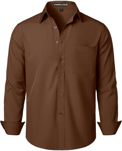 Image of PARKLEES Men's Regular Fit Dress Shirt Solid Wrinkle-Free Long Sleeve Casual Business Button Up Shirts with Pocket ZSSCL05-Brown Small