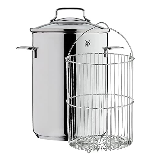 Image of WMF asparagus pot high with glass lid 16cm, steam cooker 4.5, Cromargan polished stainless steel, induction pot with sieve insert, suitable for pasta, spaghetti, vegetables