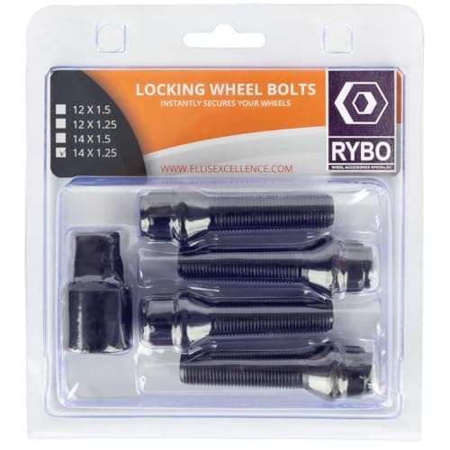 Image of RYBO Set of 4 M14 x 1.25 Tapered Alloy Wheel Locking Bolts (Chrome or Black) (Black, 40mm Thread Length)