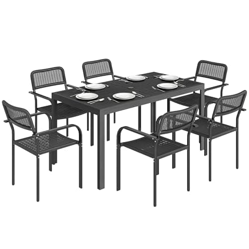Image of Outsunny 7 Pieces Garden Dining Set, Garden Table and Chairs Set 6 with Faux Rattan Stackable Chairs, Wood Effect Metal Top Table, Umbrella Hole, Outdoor Furniture for Patio Porch Terrace, Black