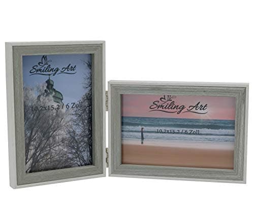 Image of Smiling Art | Double Picture Frame | 10x15 cm made of MDF wood with glass | foldable photo frame for 2 photos | for standing or hanging | landscape and portrait format (White & Grey, 2x10x15 cm)