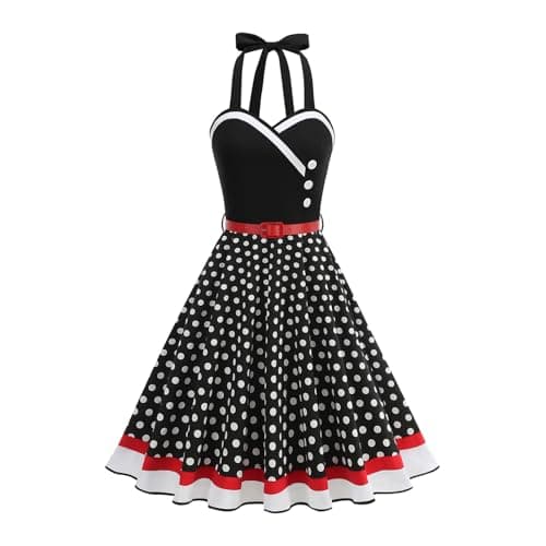 Image of EFOGEP Women's 50s Vintage Rockabilly Swing Dress, Halterneck Polka Dot Floral A Line Dress, Cocktail Party Formal Evening Dress with Belt, UK Size Black 16