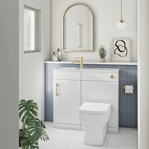 Image of Ashford 900mm White Cloakroom Toilet and Sink Unit with Square Toilet and Brass Fittings