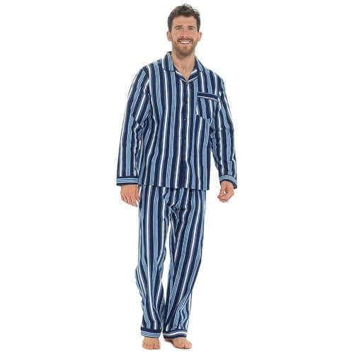 Image of GM Apparel Men’s Traditional Brushed Flannel Comfy Pyjamas Set – PJ Lounge Wear Nightwear – Cosy Soft Feel and Comfy Sleepwear – 100% Cotton (XL - NAVY STRIPE)