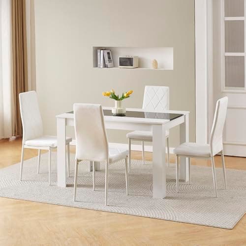 Image of Homullel 120 cm Dining Table and 4 Chairs, 4 Seater Table and Chairs Set, Kitchen Dining Room Set for 4, Compact, Space Saving (Flannel White #2, 120cm, 4 Seats)