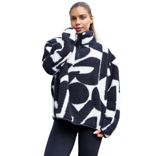 Image of OHS Fleece Jacket Women Half Zip, Geometric Teddy Fleece Jacket Soft Cosy Warm Winter Clothing Women's Jackets Half Zip Sweatshirt Women Long Sleeve Ladies Jackets Top for Outdoor, Monochrome - L/XL