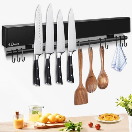 Image of Dmore 43cm Magnetic Knife Holder for wall with 10 Hooks, No Drilling Black Knife Magnetic Strip and Utensil Hanger, Powerful Knife Magnet Rack Include Tape and Screws, for Knives and Utensils