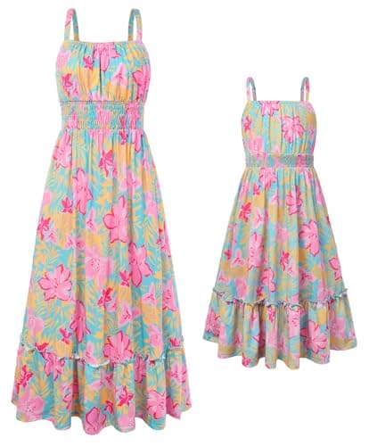 Image of GRACE KARIN Floral Summer Dresses for Women Girls, Sleeveless A-Line Midi Beach Dresses Family Outfit, Mother Daughter Holiday Wedding Guest Dress Blue-Pink Flower 12-13 Years