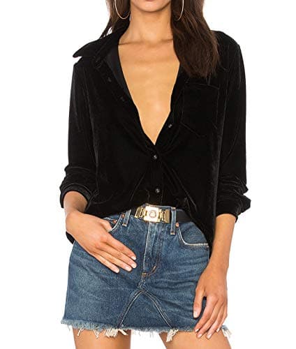 Image of R.Vivimos Autumn Winter Casual Womens Tops Sexy Blouses Long Sleeve V Neck Button Down Velvet Shirts with Pocket(Large,Black)