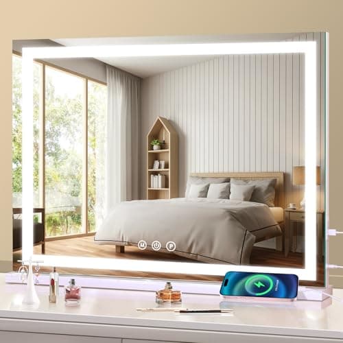 Image of halumao Hollywood Vanity Mirror with Lights, 58 x 48cm Light Up Make up Mirror with Smart Touch 3 Colors Dimmable, dressing table or Wall-Mounted, Memory Function,USB Charging Port