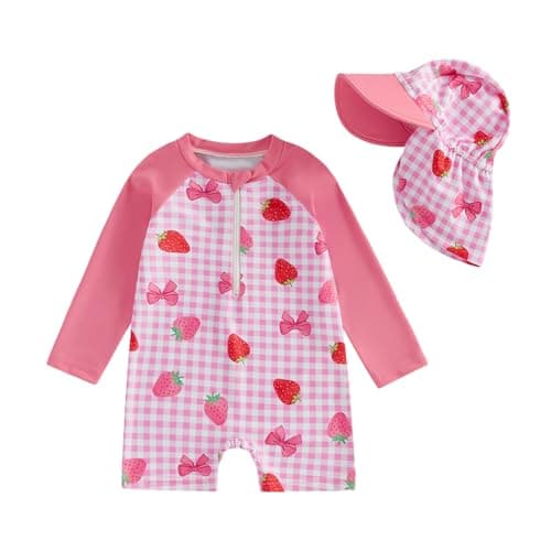Image of Geagodelia Toddler Baby Girls All in One Swimming Costume with Shorts and Hat Full Body Cover Long Sleeve Zip Front One Piece Swimsuit (Gingham Strawberry Pink, 6-12 Months)