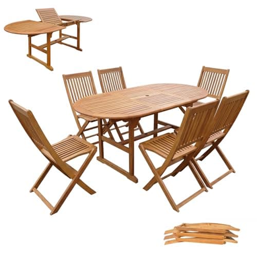 Image of Panana 7 Piece Acacia Wood Garden Dining Furniture Set, Extending Wooden Table and 6 Folding Chairs with Parasol Hole, Outdoor Patio Furniture for Terrace Balcony Conservatory