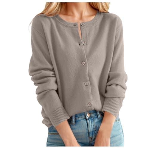 Image of Cardigans for Women UK Women's Cashmere Cardigan Round Neck Sweater Spring Autumn Winter Long Sleeve Knitted Solid Color Soft Cardigan Sweater Lightweight Crewneck Cardigan Jumper Comfy