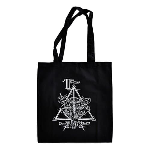 Image of Harry Potter Three Brothers Tote Cotton Black, Licensed Harry Potter cotton bag, tote, One-sided print of the Deathly Hallows symbol, Long handle to carry on your shoulder, Resistant and durable material, Colour black