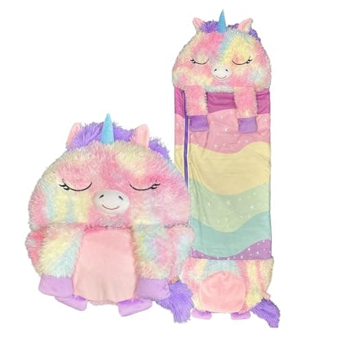 Image of Happy Nappers Kids Sleeping Bag - Pastel Rainbow Unicorn Large Size - Suitable for Children Aged 7 Years and Over - Plush Toy, Comfy Sleeping Bag & Fluffy Pillow All in One