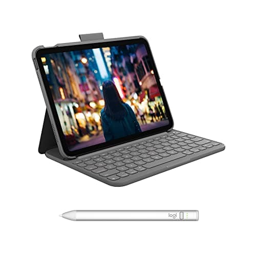 Image of Logitech Slim Folio Keyboard Case for iPad (10th gen & A16) with wireless keyboard and Logitech Crayon (USB-C) digital pencil for all iPads (2018 releases and later)