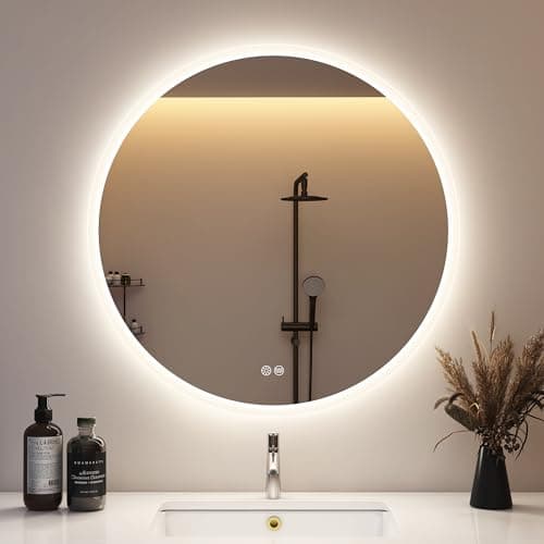 Image of STARLEAD 800 mm Round-Bathroom-Mirror-with-Lights, LED-Bathroom-Mirror with Dimmable, 3 Colour Temperatures, Anti-Fogging, Memory Function, HD Tempered Glass, IP44 LED Mirror