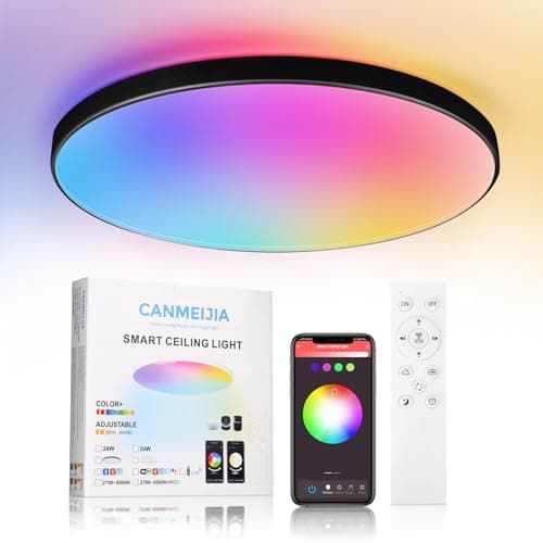 Image of CHENBEN RGB LED Ceiling Light,24W 12-inch Round Bedroom Bedroom Ceiling Light with Remote Control,IP44 Waterproof Bathroom Lights Dimmable 3000-6500K Colour Changing LED Lights(Bluetooth Connection)