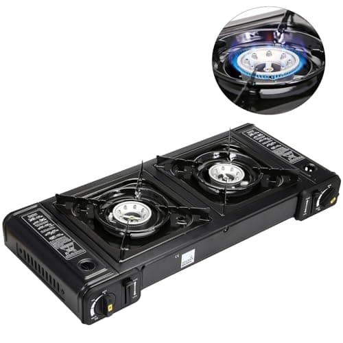 Image of Taylor & Brown Portable Dual Burner Camping Stove, Black | EN417 Compliant Premium Double Gas Cooker | with Automatic Ignition & Heat Control | for Camping, BBQ & Outdoor Cooking