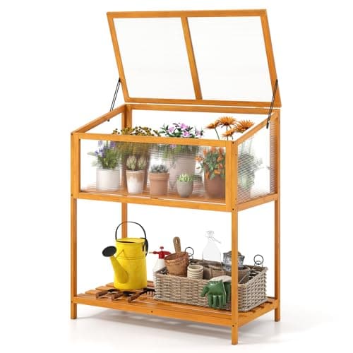Image of COSTWAY Outdoor Wooden Cold Frame, Polycarbonate Garden Raised Bed Greenhouse with Slatted Shelf, Openable & Tilted Top Cover, Transparent Flower Vegetable Planting Grow House (Orange)