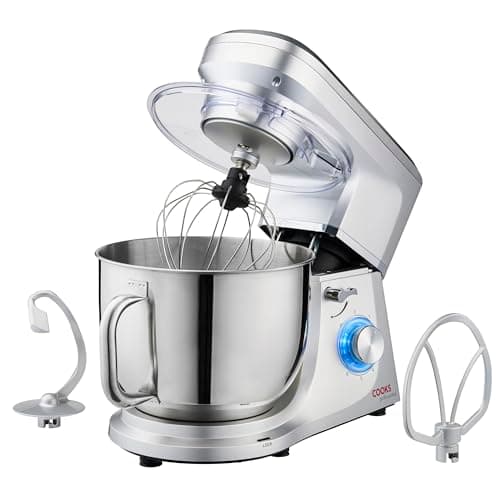 Image of Cooks Professional Stand Mixer 1200W with 6 Speeds & Pulse Function, 7L Stainless Steel Mixing Bowl, Splash Guard, Whisk, Beater & Dough Hook | Electric Kitchen Mixer for Cakes, Bread, Baking | Silver
