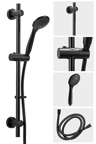 Image of Croydex Nero Shower Riser Rail Kit - 68cm Riser Rail, Black Shower Head with Three Spray Patterns, 1.5m Stainless Steel Shower Hose and Adjustable Slider, with Flexi-Fix Wall Brackets (Matte Black)