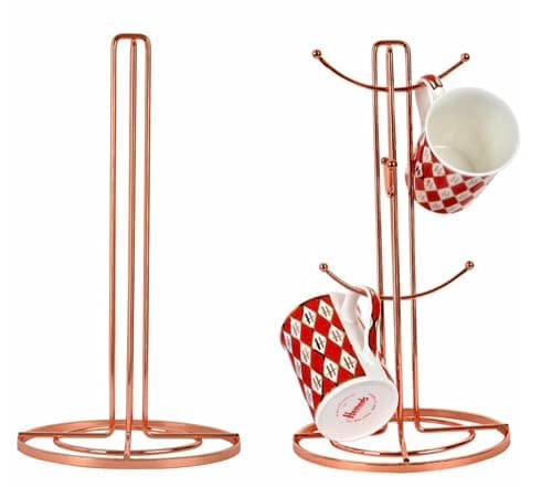 Image of Royal Cuisine Kitchen Roll Holder & Mug Tree Set Stylish Paper Towel Holder Cup Holder & Mug Stand for Kitchen Countertop Durable Towel Holder and Mug Holder-Rose Gold