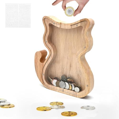 Image of TOTHDATE Animals Wooden Money Box - Cat, Money Box with Alphabet Stickers Wooden Coin Bank for Home Decoration