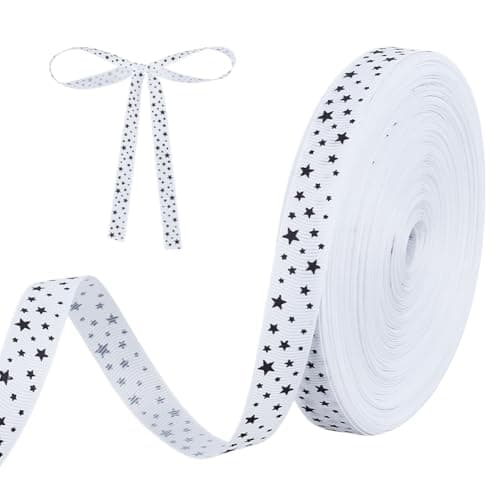 Image of PH PandaHall 45.5m Stars Printed Ribbons Christmas Decorative Ribbons White Grosgrain Ribbon 15mm Wide Craft Ribbon with Black Stars for Wreath Crafts Bows Gift Wrapping Party